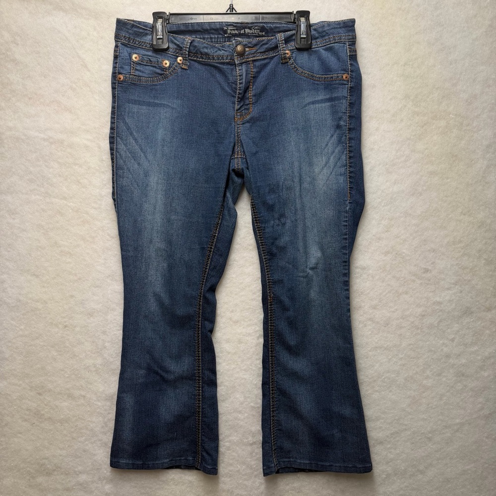 Source of Wisdom Jeans Women 14 Blue Denim Mid Rise Flare Stretch 78% Cotton